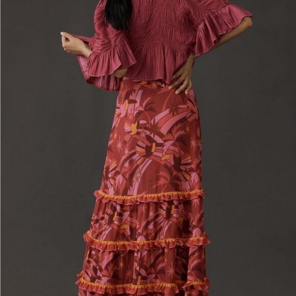 FARM Rio Tiered pink maxi skirt size M pink boho festival hippie concert wedding - Picture 5 of 6